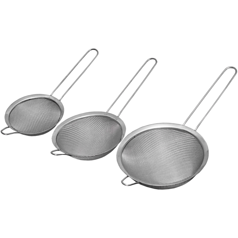 Set 3 site metalice cu maner, cu plasa dubla si fina 11/13/15.5 cm